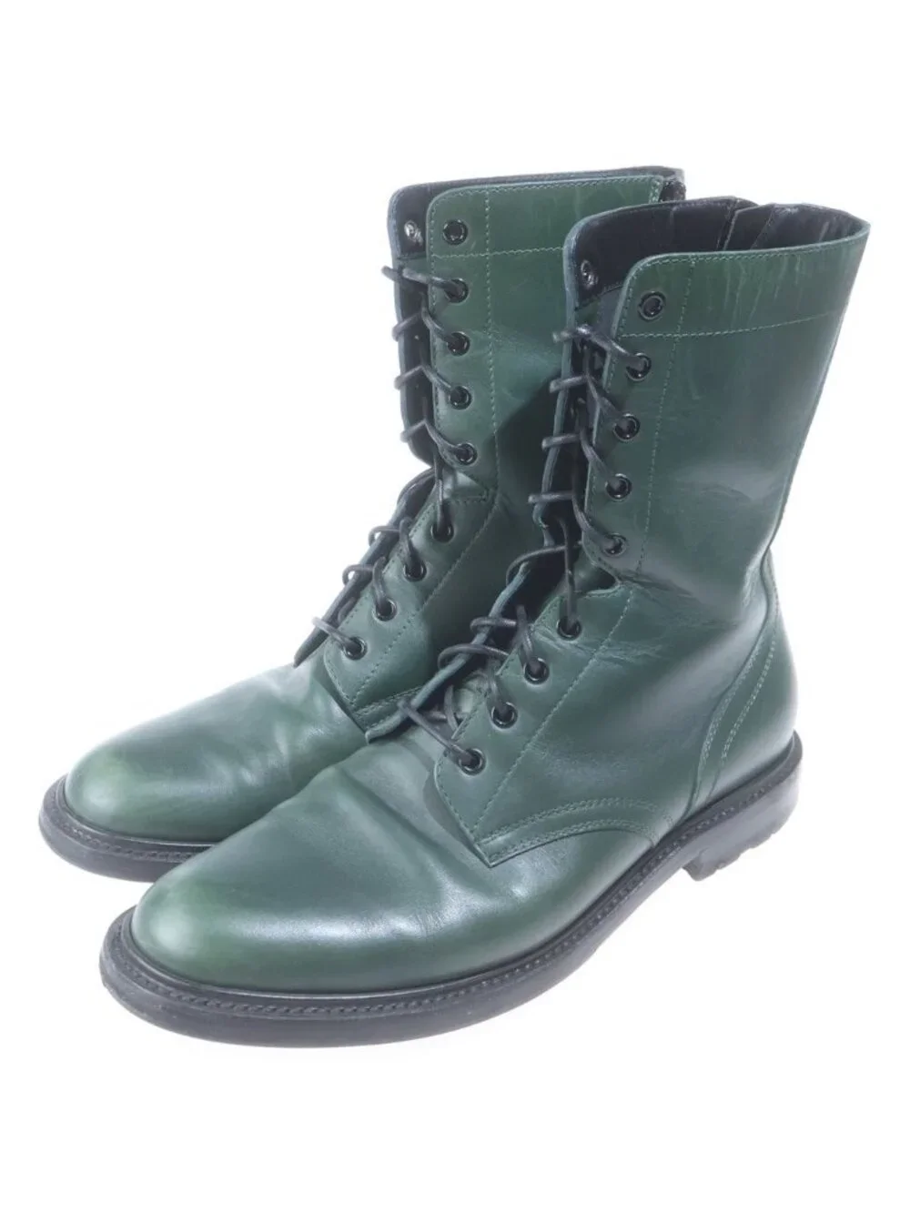 Celine Leather Side Zip Lace Up Combat Boots Green
